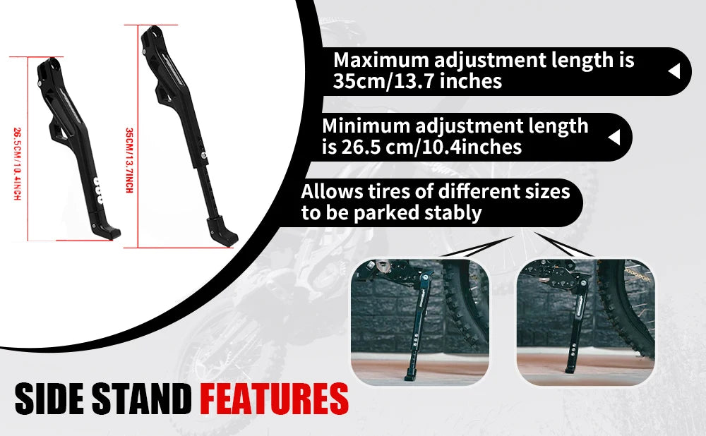 Side stand features of a CNC aluminum adjustable motorcycle kickstand with various adjustment lengths.