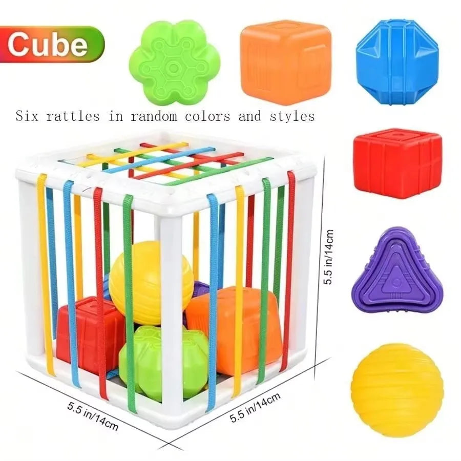 A set of six colorful rattles and toys including a cube, ball, and various shapes for sensory play.