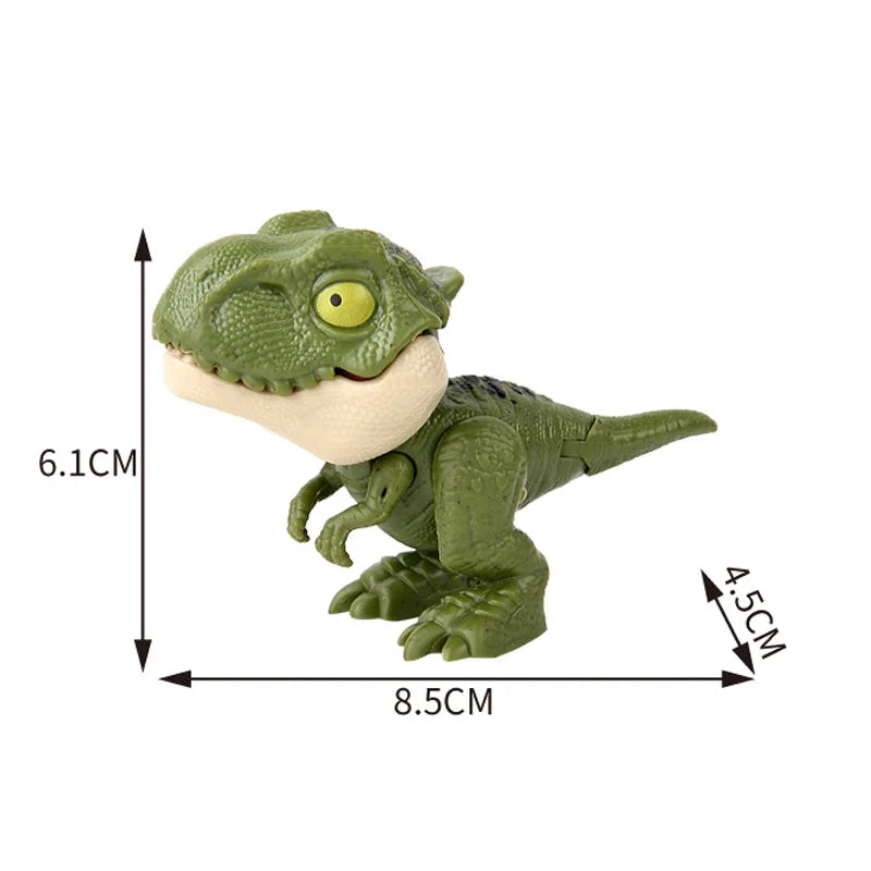 A green plastic dinosaur toy, resembling a Triceratops or Tyrannosaurus, is shown with its mouth open.
