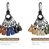 A set of six hook caps in brown, black, and dark blue colors with carabiner attachments.