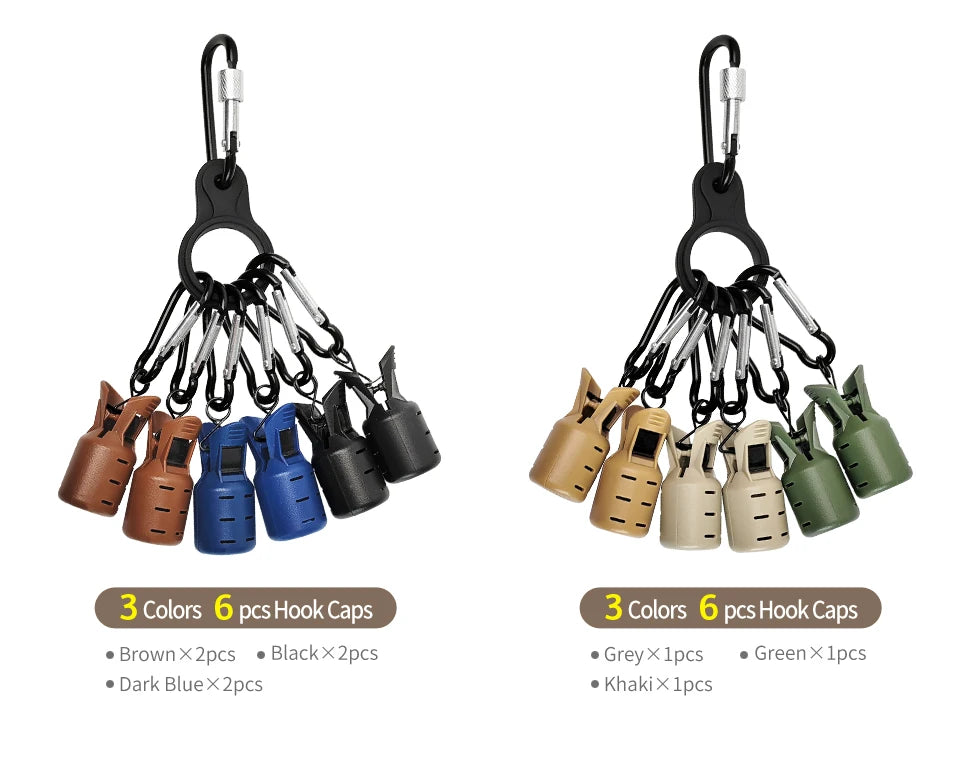 A set of six hook caps in brown, black, and dark blue colors with carabiner attachments.
