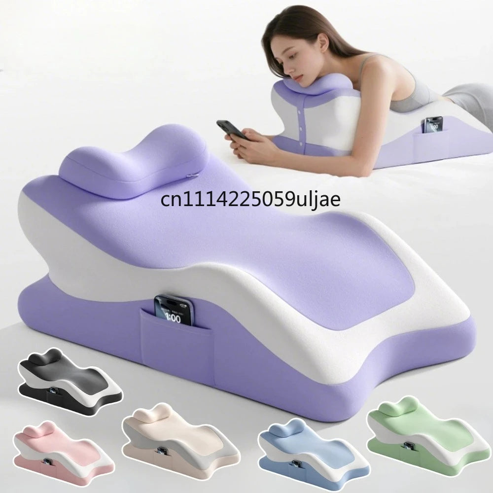 A purple memory foam full-body support pillow is shown with various shaped inserts for sleeping, reading, and gaming.
