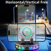 A wireless car phone holder with an RGB ambient light is shown mounted in a vehicle, displaying multiple smartphones.