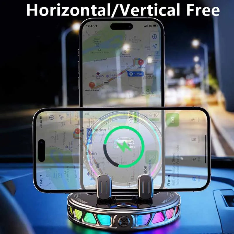 A wireless car phone holder with an RGB ambient light is shown mounted in a vehicle, displaying multiple smartphones.