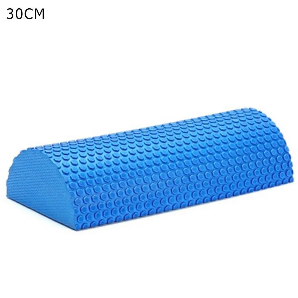 A blue half-round EVA foam roller measuring 30cm for muscle relief and yoga balance.