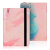 A pink watercolor-style e-reader case with a black strap, featuring marbled pink and blue tones.
