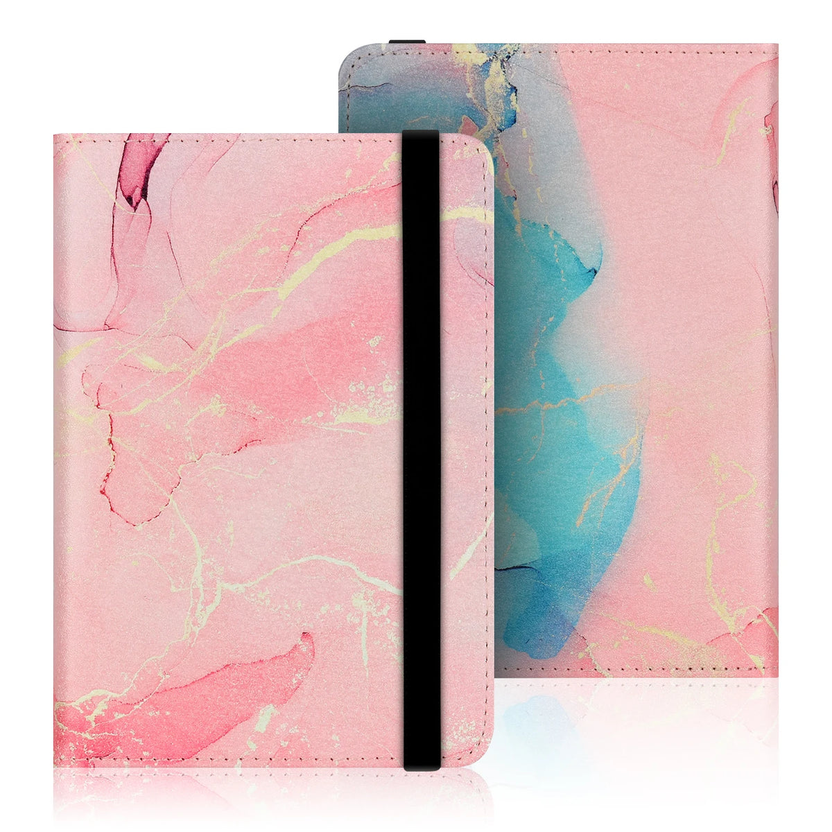 A pink watercolor-style e-reader case with a black strap, featuring marbled pink and blue tones.