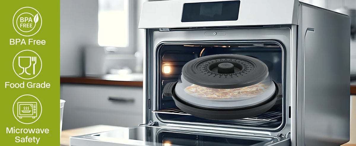 A silver microwave oven interior showing a food item under a splatter cover, with labels indicating BPA free and food grade s