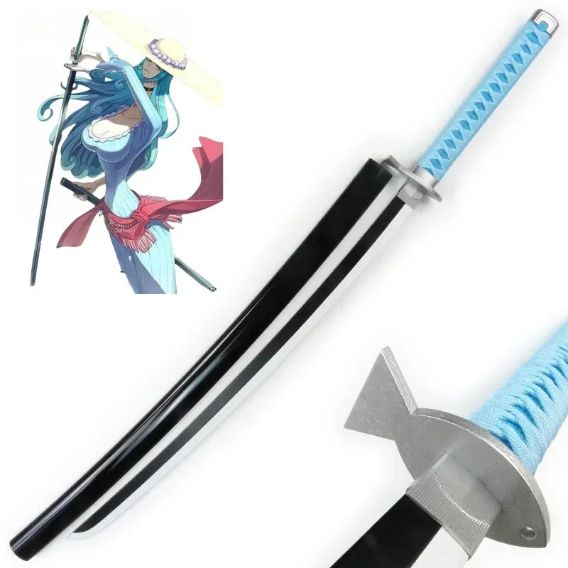 A cosplay sword replica of Roronoa Zoro's 41-inch katana with a black blade and blue hilt.