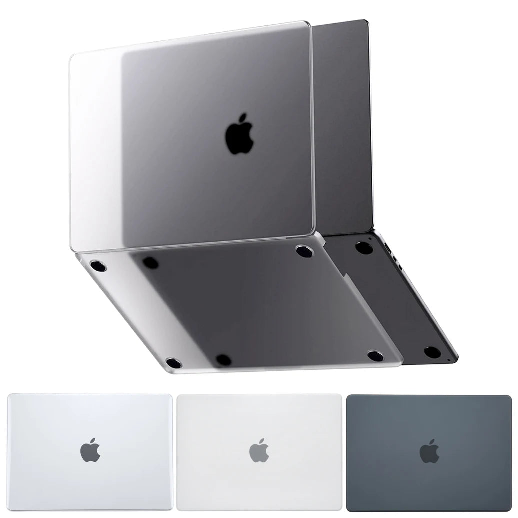 A stack of three Apple MacBook cases in silver, white, and dark gray colors.