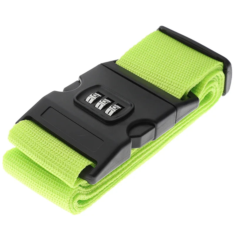 A lime green adjustable luggage strap with a black combination lock and buckle.