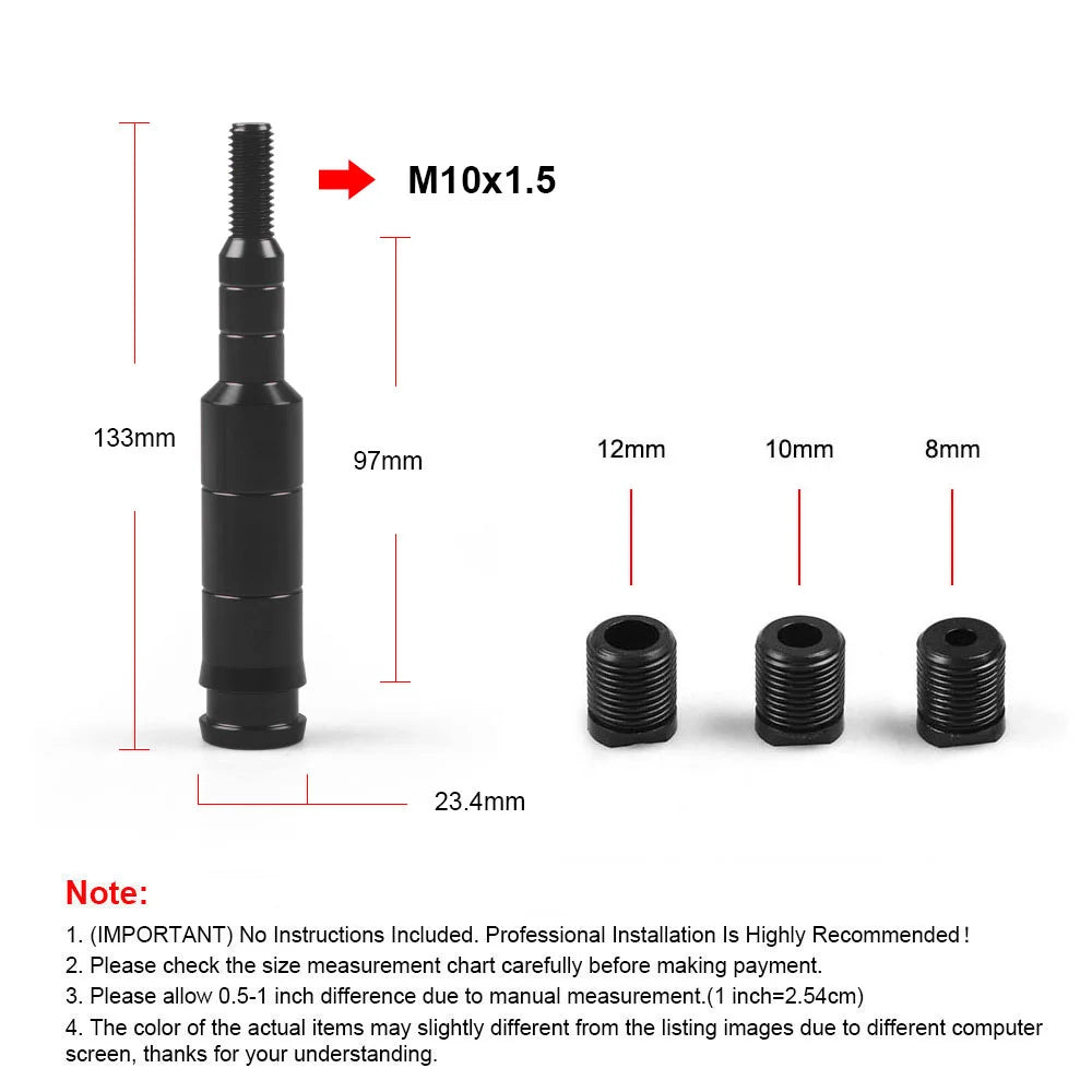 Black aluminum shift knob extender with M10x1.5 thread for Honda compatibility