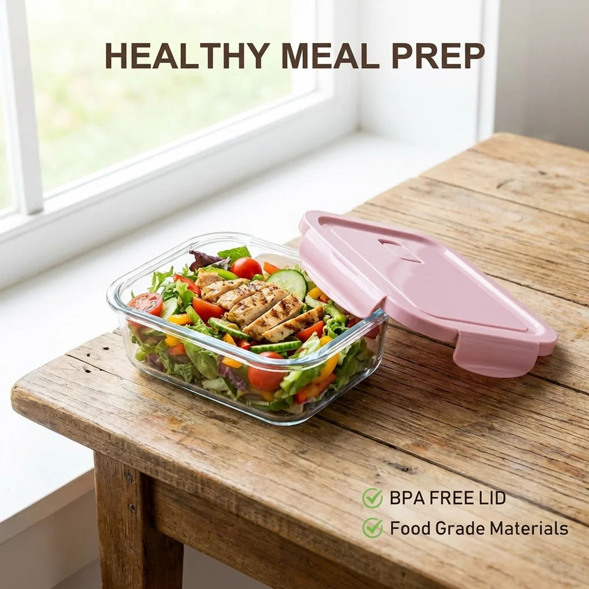 Contenedor de vidrio hermético rosa lleno de una ensalada saludable sobre una mesa de madera.