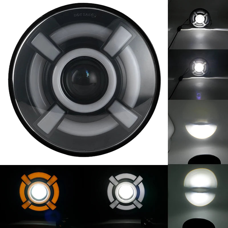 A 7-inch motorcycle LED headlight with angel eyes and daytime running lights shown in various lighting contexts.