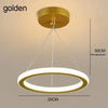 Golden modern circular LED ceiling light fixture with a white ring and a brass suspension rod.