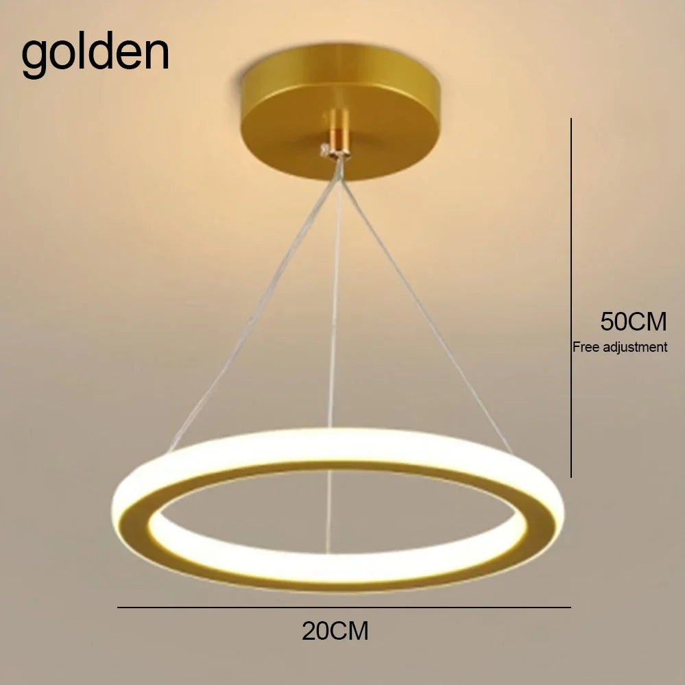 Golden modern circular LED ceiling light fixture with a white ring and a brass suspension rod.
