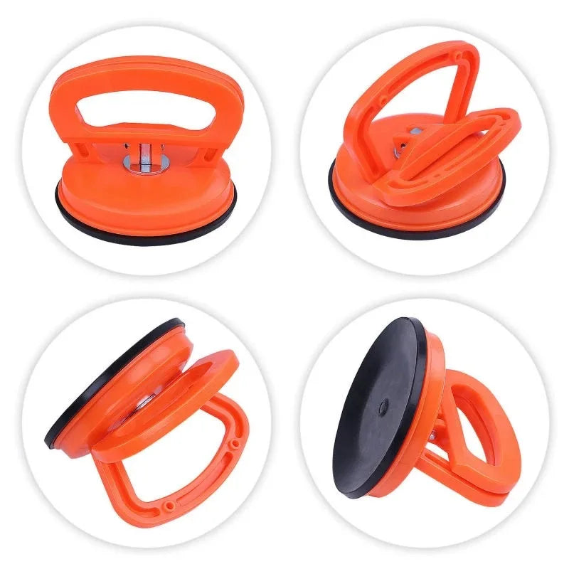 Orange heavy duty car dent puller kit with two suction cups shown in various angles