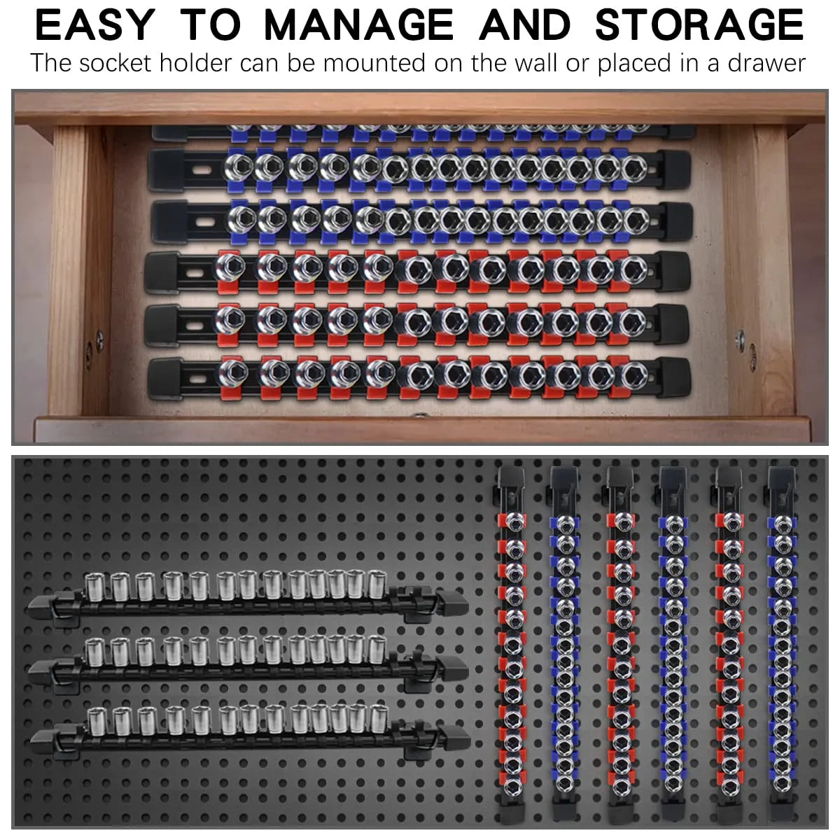 A wooden organizer rail with multiple socket holders is shown alongside a black perforated plate of similar organizers.