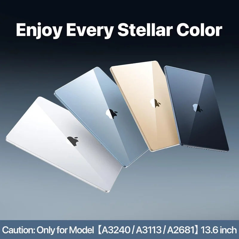 Three colored hard shell cases for a 13.6-inch MacBook Air showing various colors like blue, gold, and black.