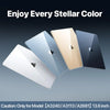 Three colored hard shell cases for a 13.6-inch MacBook Air showing various colors like blue, gold, and black.