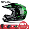 A black and green Uchoose full-face off-road helmet shown with accessories like glasses, gloves, and a face mask.