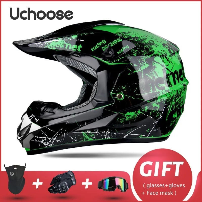 A black and green Uchoose full-face off-road helmet shown with accessories like glasses, gloves, and a face mask.