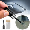 A hand holds a black applicator tool for windshield crack repair, next to the kit components and a close-up of the resin tip.