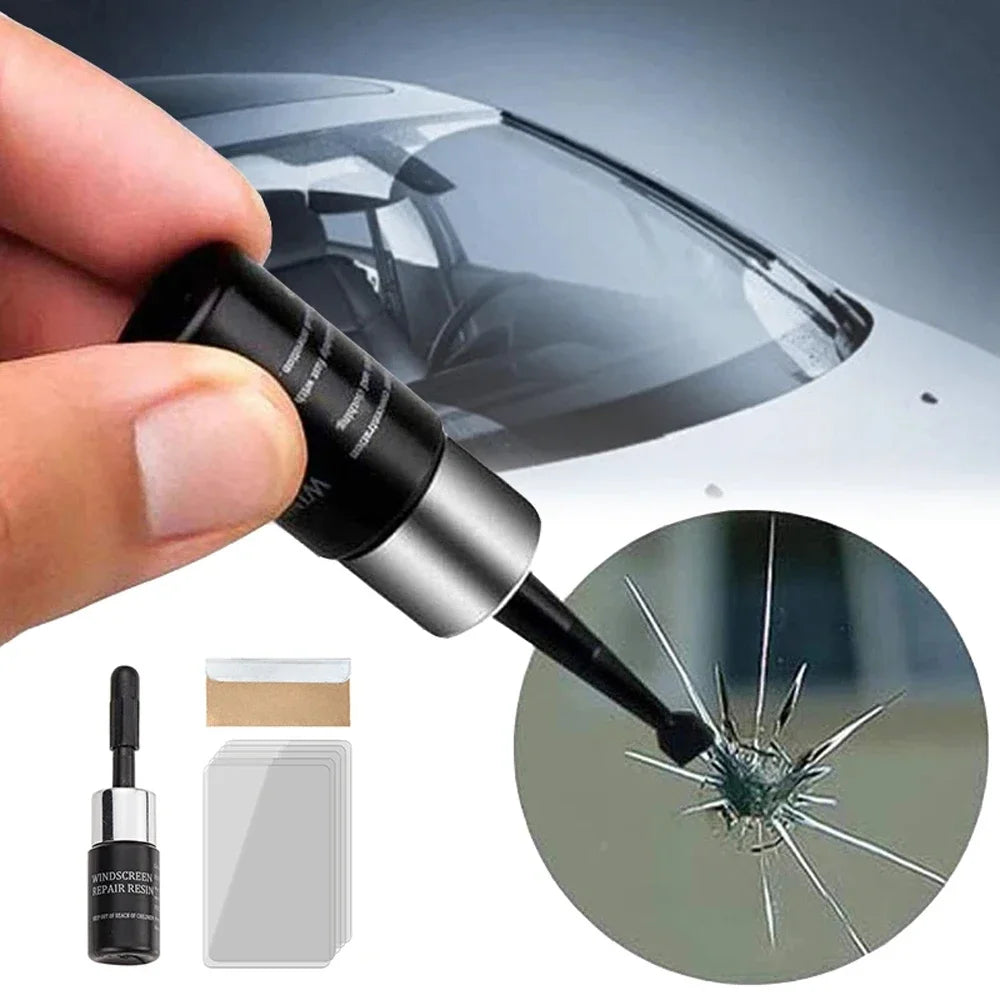 A hand holds a black applicator tool for windshield crack repair, next to the kit components and a close-up of the resin tip.