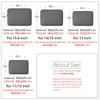 Diagrams showing various laptop sizes and corresponding internal dimensions for a slim laptop sleeve.