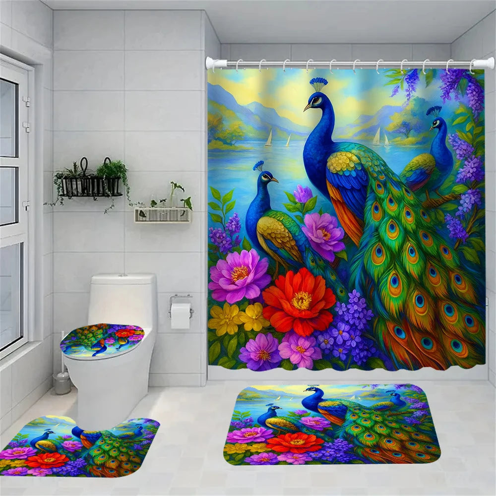 A vibrant floral shower curtain set featuring a peacock design, rug, and toilet cover displayed in a bathroom setting.