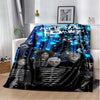 A dark blue and black fleece throw blanket featuring a My Chemical Romance band graphic.