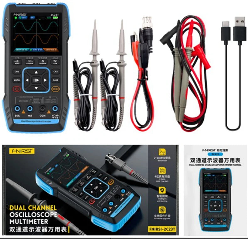 A collection of FNIIRST dual channel oscilloscope multimeters, signal generators, and cables.