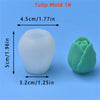 A white silicone tulip mold is shown next to a green molded tulip shape, with dimensions provided.