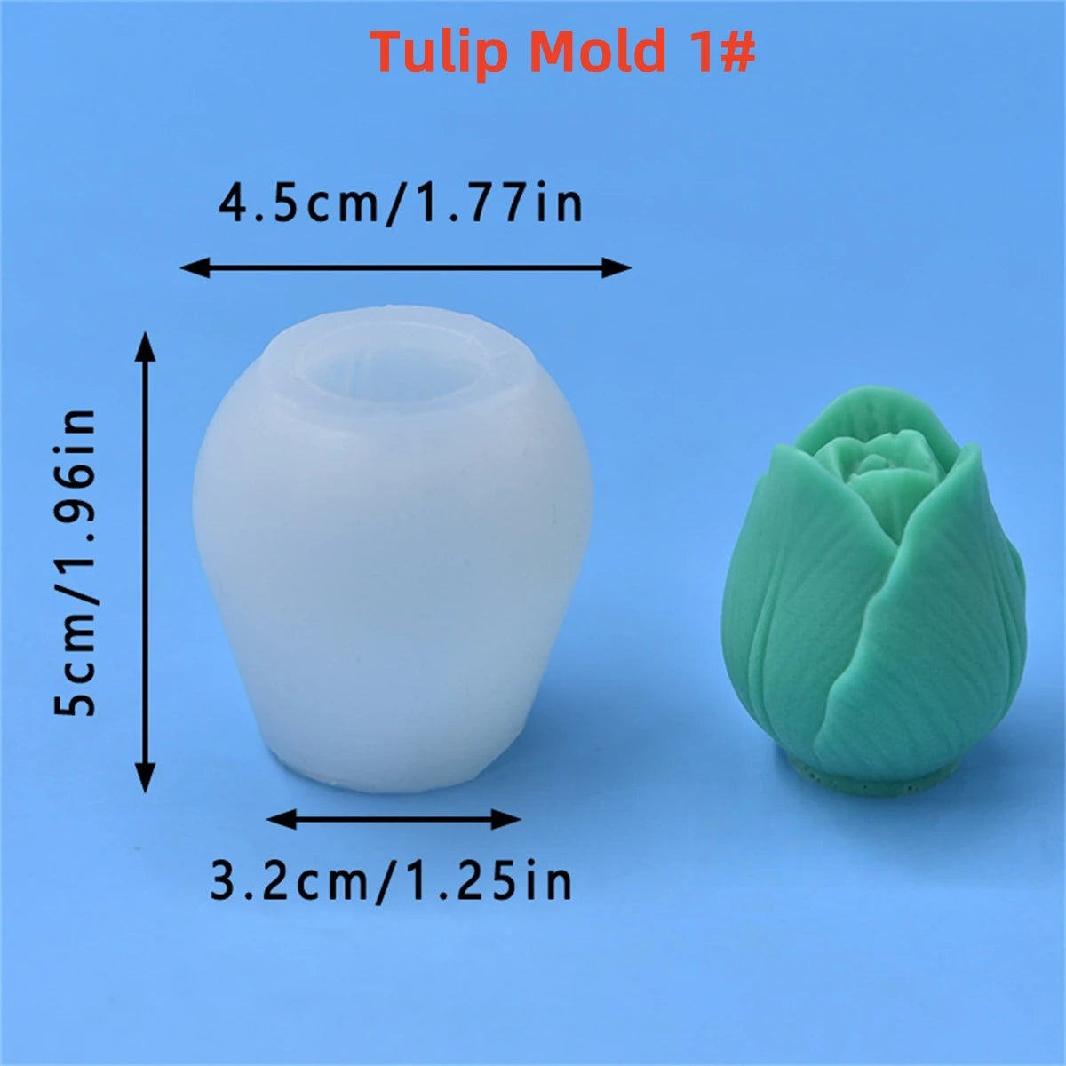 A white silicone tulip mold is shown next to a green molded tulip shape, with dimensions provided.