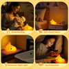 A yellow squishy fox night light is shown in various contexts including breastfeeding, kid's room decor, and a bathroom setti