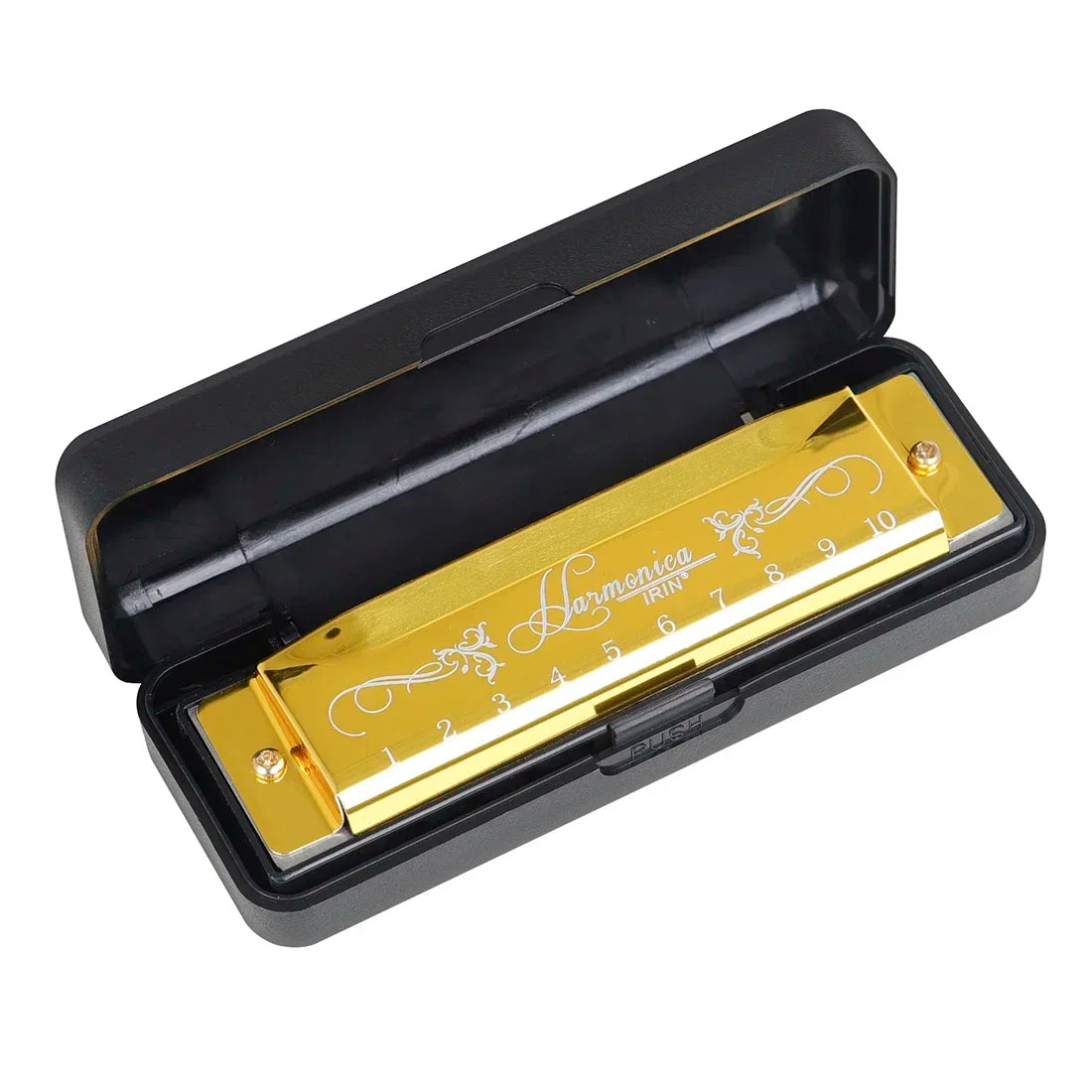 A black case holding a gold-colored 10-hole harmonica for beginners with numbered holes.