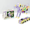 A set of transforming dinosaur car toys in purple and yellow, including a dinosaur figure and a car.