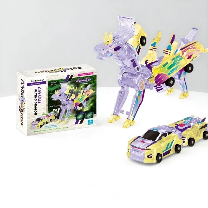 A set of transforming dinosaur car toys in purple and yellow, including a dinosaur figure and a car.