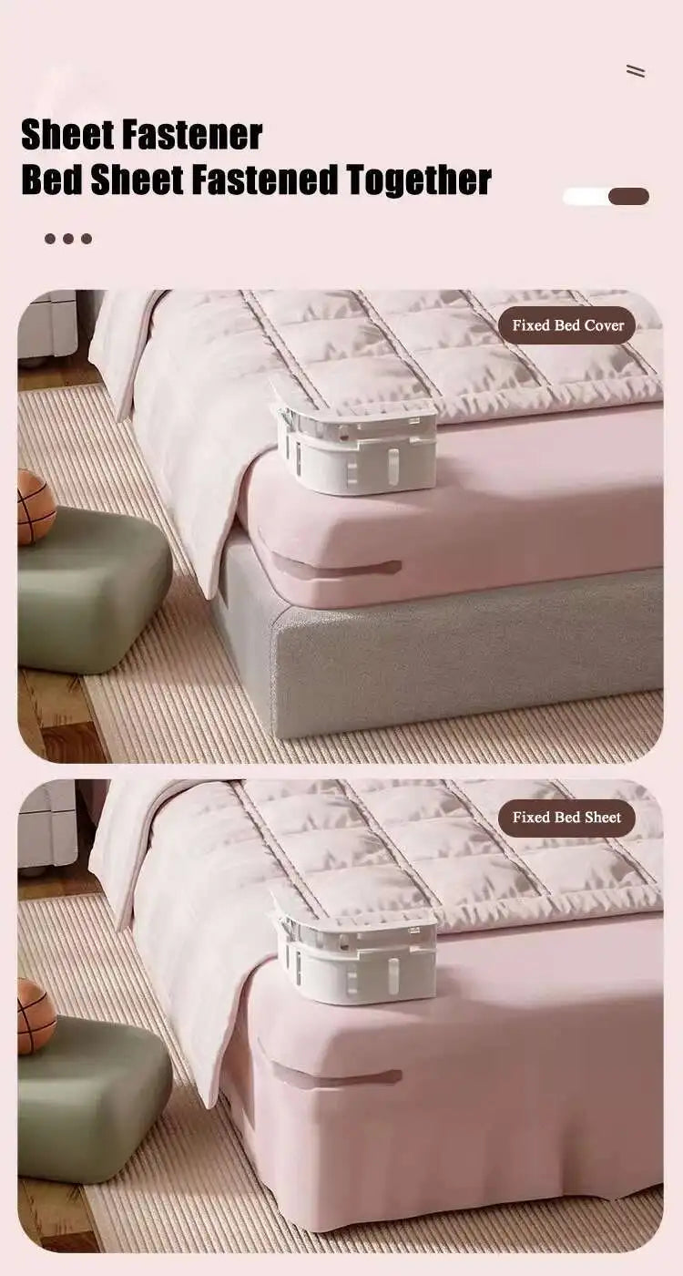 Close-up of a pink bed sheet fastened together using white non-slip clips on a bed.