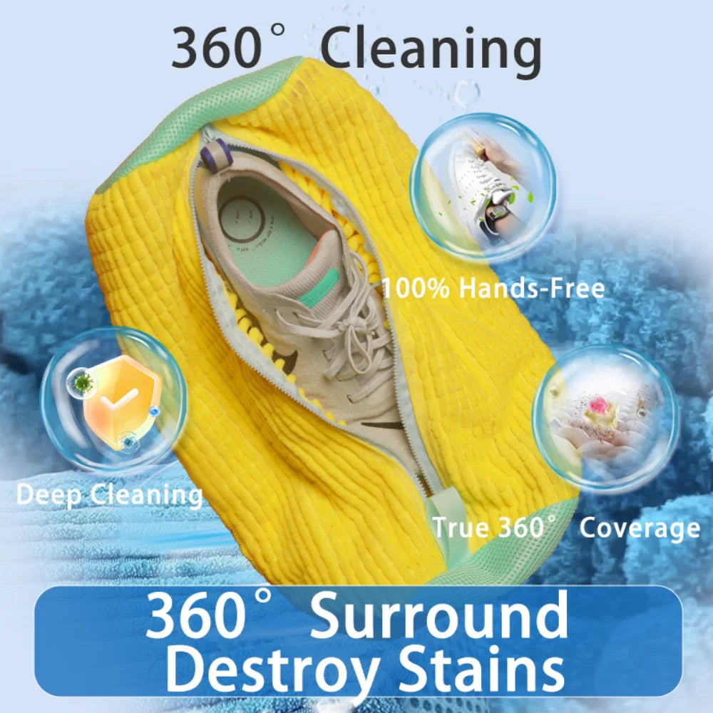 Yellow cleaning cloth with a shoe inside demonstrating 360 degree cleaning and stain destruction features