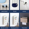 A set of transparent adhesive wall hooks, a router, a camera, a remote control, a hanging picture, and a tissue box.