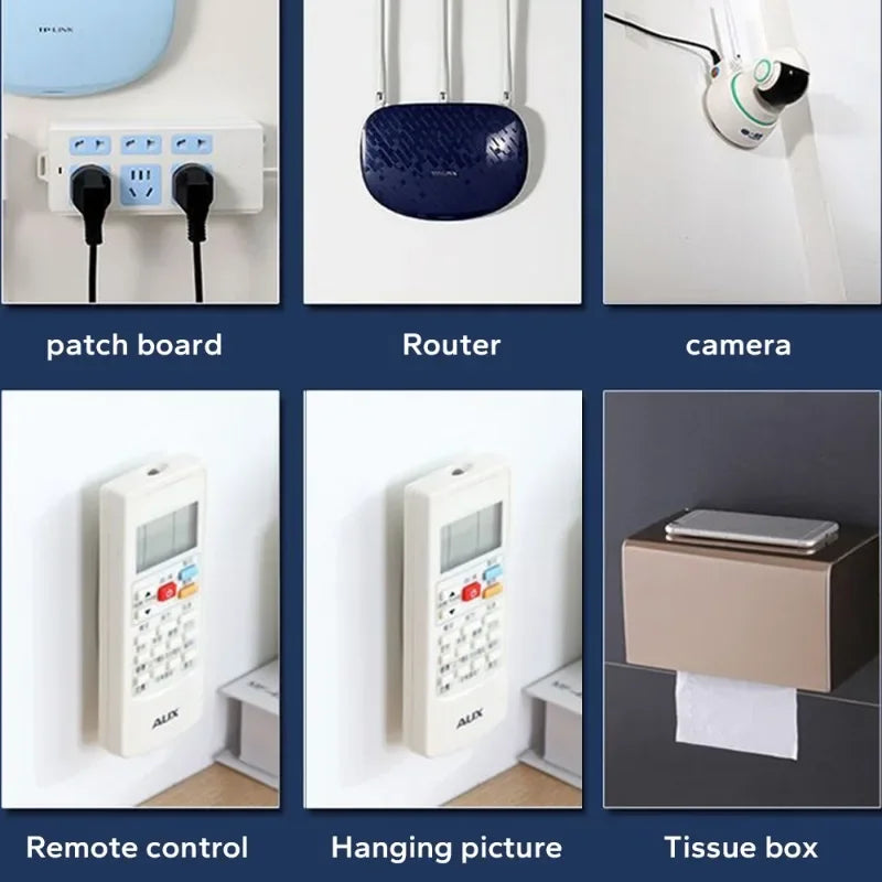 A set of transparent adhesive wall hooks, a router, a camera, a remote control, a hanging picture, and a tissue box.