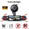 Front-Left-Right 1080P dash cam showing various angles and accessories like a power cable and instruction manual
