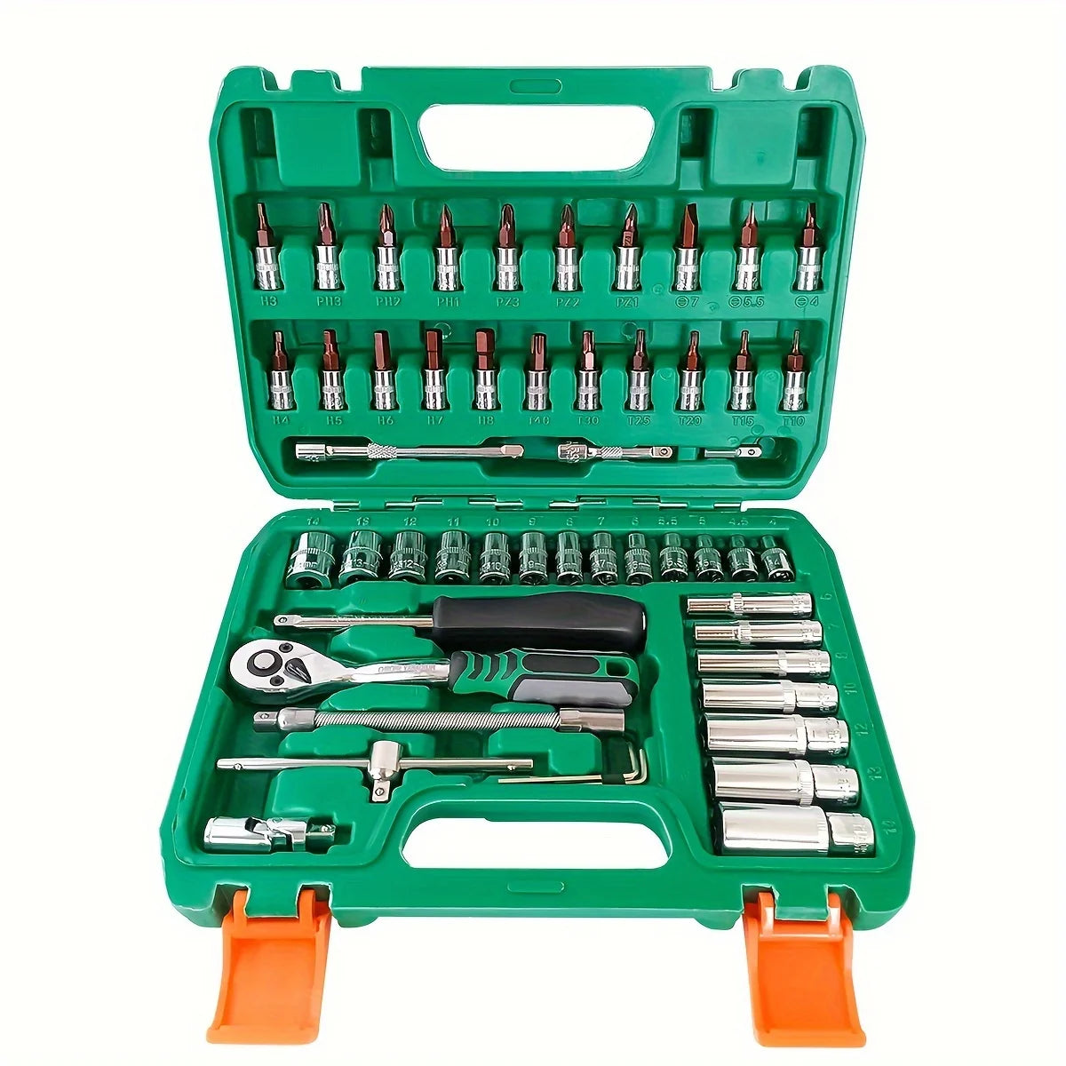 A green tool kit box containing 53 pieces of professional mechanic's tools and a quick ratchet.