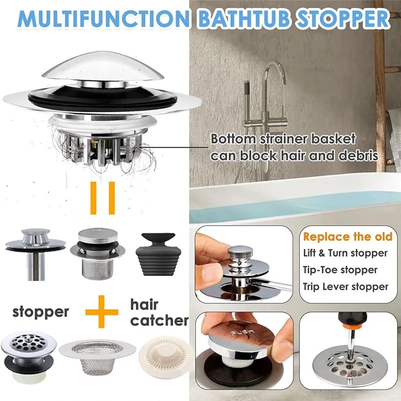 Multifunktionale Badewannenstopfen mit Sieb und verschiedenen Verstopfern für Haare und Fremdkörper.