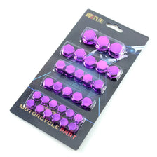 A plastic package containing a set of 30 purple decorative bolt caps for motorcycle parts.
