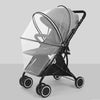 A black universal mosquito net cover for a baby stroller or crib with a clear mesh canopy and wheels.