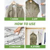 Instructions showing how to hang, zip, vacuum, and store clothes in hanging vacuum storage bags