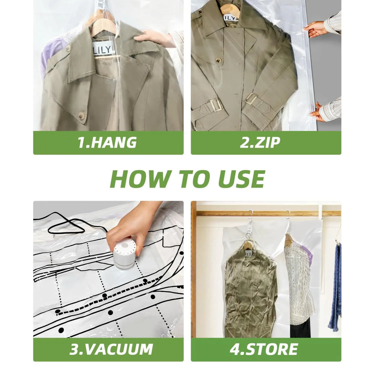 Instructions showing how to hang, zip, vacuum, and store clothes in hanging vacuum storage bags
