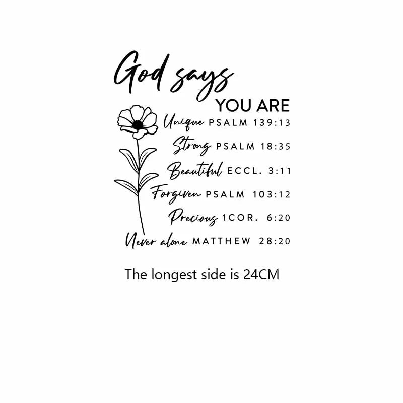 A black line drawing featuring scripture verses like God says You are Unique Psalm 139:13 Strong Psalm 18:35 Beautiful Eccl. 